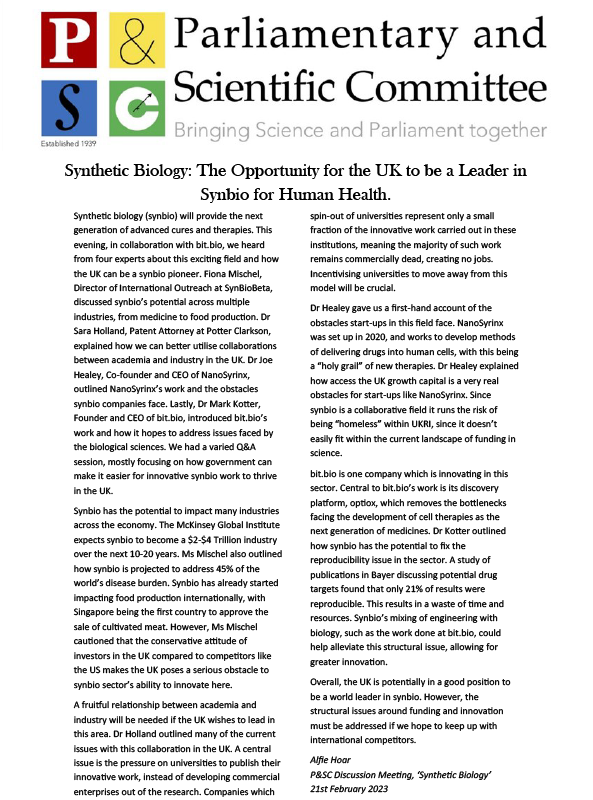 Synthetic Biology: The Opportunity for the UK to be a Leader in Synbio for Human Health.